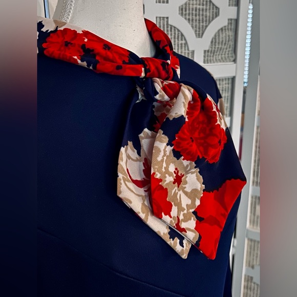 Vintage Navy Blue Dress Red Flowers 70s A Line Polyester 60s 1970s - Picture 6 of 15